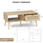 ZttRiee Coffee Table with Storage, Boho Dining Table with Rattan Drawer and Solid Wood Legs, Small Coffee Tables for Living Room, Oak