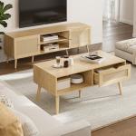 ZttRiee Coffee Table with Storage, Boho Dining Table with Rattan Drawer and Solid Wood Legs, Small Coffee Tables for Living Room, Oak