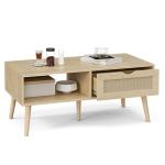 ZttRiee Coffee Table with Storage, Boho Dining Table with Rattan Drawer and Solid Wood Legs, Small Coffee Tables for Living Room, Oak