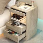 Gadroad LED Nightstand with Charging Station, Bedside Table with 3 Drawers and LED Lights, End Table Sofa Couch Side Table with Pull-Out Shelf, Grey
