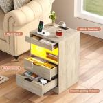 Gadroad LED Nightstand with Charging Station, Bedside Table with 3 Drawers and LED Lights, End Table Sofa Couch Side Table with Pull-Out Shelf, Grey