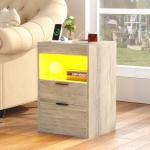 Gadroad LED Nightstand with Charging Station, Bedside Table with 3 Drawers and LED Lights, End Table Sofa Couch Side Table with Pull-Out Shelf, Grey