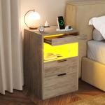 Gadroad LED Nightstand with Charging Station, Bedside Table with 3 Drawers and LED Lights, End Table Sofa Couch Side Table with Pull-Out Shelf, Grey