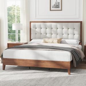 AMERLIFE King Size Solid Wood Bed Frame with Tufted Headboard, Mid-Century Style, No Box Spring Required, Easy Assembly, Walnut