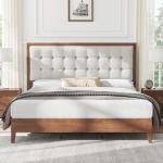 AMERLIFE King Size Solid Wood Bed Frame with Tufted Headboard, Mid-Century Style, No Box Spring Required, Easy Assembly, Walnut