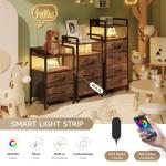 Lazzanto Night Stand Bedside Table Bedroom - Nightstand with Charging Station, Night Stand with LED Light Strip, End Table with U-S-B Ports & AC Outlets, Storage Shelf & 2 Fabric Drawers, Rustic Brown