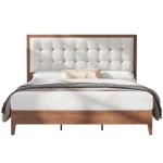 AMERLIFE King Size Solid Wood Bed Frame with Tufted Headboard, Mid-Century Style, No Box Spring Required, Easy Assembly, Walnut