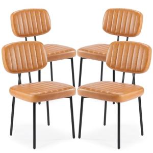 Sweetcrispy Dining Chairs Set of 4, Upholstered Mid Century Modern Kitchen Dining Room Accent Chairs with Faux Leather Cushion Seat & Metal Legs for Kitchen, Living Room - Brown