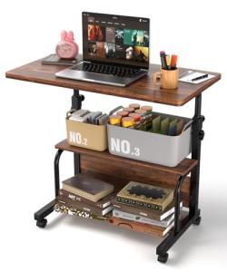 QZMDSM Portable Rolling Desk on Wheels Adjustable Height Desks for Small Spaces, 32" Computer Desk with Storage Shelves for Home Office Rustic