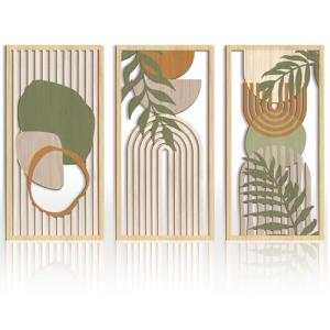IARTTOP Boho Mid-century Modern Wood Wall Art 16x32 Inch Large Green Abstract Wood Wall Decor Mid Century Bohemian Artwork for Bedroom Living Room Office Kitchen Set of 3