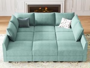 HONBAY Modular Sofa Sectional Sleeper Couch with Ottomans Reversible Sleeper Sectional Sofa Modular Couch with Storage, Aqua Blue