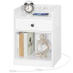 HOOBRO Nightstand with Charging Station, End Table with Drawer and Opening Shelf, Bedside Table with USB Ports and Outlets, Small Night Stand for Bedroom, Simple Style, White WT18UBZ01