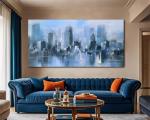 Acocifi Blue Canvas Wall Art Abstract Cityscape Picture Textured Painting, New York Brooklyn Bridge Modern Picture Artwork Large Framed for Living Room Bedroom Bathroom Office Home Decor 40"x20"