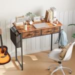 Sweetcrispy Computer Desk Small 32 Inch Home Office Bedroom Writing Study PC Table with Fabric Storage Drawers Space Side Bag Headphone Hook Adjustable Feet Modern Simple Style, Rustic Brown