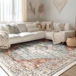 BESTSWEETIE 8x10 Area Rug Washable Rugs for Living Room, No Pile Boho Carpet for Entryway Bedroom Dinning Room, Vintage Carpet Print Distressed Non-Slip, 8 x 10 ft, Green Brick Rust Red