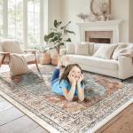 BESTSWEETIE 8x10 Area Rug Washable Rugs for Living Room, No Pile Boho Carpet for Entryway Bedroom Dinning Room, Vintage Carpet Print Distressed Non-Slip, 8 x 10 ft, Green Brick Rust Red