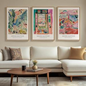 Large Framed Matisse Wall Art for Living room, 3 Piece Colorful Abstract Canvas Artwork for Walls, Retro Vintage Big Matisse Famous Landscape Paintings Prints Pictures for Hallway Home Office 24x36