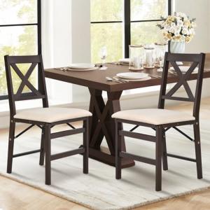 COLAMY Folding Dining Chairs Set of 2 – Beige Upholstered Wooden Dining Room Chairs for Kitchen & Small Spaces, Mid Century Modern Design, Space-Saving, No Assembly Required