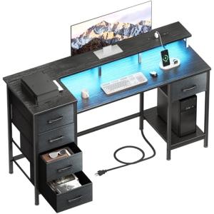 Korfile 47 Inch Computer Desk with 5 Fabric Storage Drawers,Gaming Desk with Power Outlets & LED Lights,Reversible Home Office Desk with Monitor Stand for Working Writing Study, Black