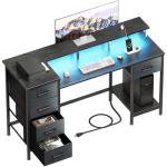 Korfile 47 Inch Computer Desk with 5 Fabric Storage Drawers,Gaming Desk with Power Outlets & LED Lights,Reversible Home Office Desk with Monitor Stand for Working Writing Study, Black