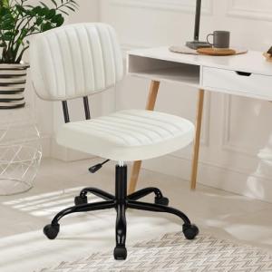 DUMOS Armless Home Office Desk Chair -Small Ergonomic with Low Back Lumbar Support, Height Adjustable PU Leather Computer Task with 360° Swivel Rolling Wheels, for Small Space, Beige White