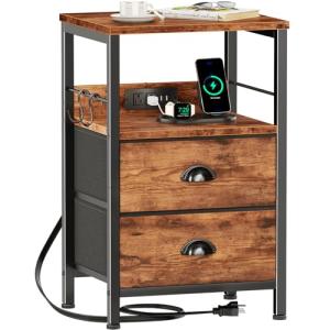 Rustic Brown End Table with Charging Station & Storage