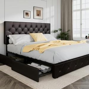 Allewie King Bed Frame with Storage Drawers, Black-Brown