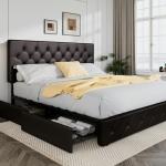 Allewie King Bed Frame with Storage Drawers, Black-Brown