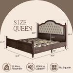 AMERLIFE Solid Wood Bed Frame Queen Size, Transitional Platform Bed with 52.5" Upholstered Tufted Headboard, Rubberwood/Roman Column Accents/Wood Slat Support/No Box Spring Needed