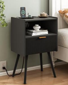 JOONEE Black Nightstand with Outlet,Modern Bedside Table with Storage Drawer and Open Wood Shelf, for Living Room, Bedroom and Small Spaces, Accent Night Stand with Solid Wood Legs, Easy Assembly