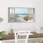 Beach Window Wall Art Canvas: Relaxing Bedroom Living Room Blue Ocean Coastal Scene Picture Modern Tropical Sea Landscape Painting Print Decor Horizontal Summer Seascape Artwork for Home