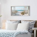 Beach Window Wall Art Canvas: Relaxing Bedroom Living Room Blue Ocean Coastal Scene Picture Modern Tropical Sea Landscape Painting Print Decor Horizontal Summer Seascape Artwork for Home