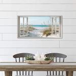 Beach Window Wall Art Canvas: Relaxing Bedroom Living Room Blue Ocean Coastal Scene Picture Modern Tropical Sea Landscape Painting Print Decor Horizontal Summer Seascape Artwork for Home