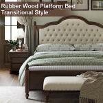 AMERLIFE Solid Wood Bed Frame Queen Size, Transitional Platform Bed with 52.5" Upholstered Tufted Headboard, Rubberwood/Roman Column Accents/Wood Slat Support/No Box Spring Needed