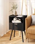 JOONEE Black Nightstand with Outlet,Modern Bedside Table with Storage Drawer and Open Wood Shelf, for Living Room, Bedroom and Small Spaces, Accent Night Stand with Solid Wood Legs, Easy Assembly