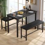Tatub Dining Table Set for 4, 3-Piece Kitchen Table with 2 Benches, Space-Saving Dining Room Set for Breakfast Nook and Small Spaces, Black
