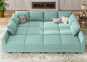 HONBAY Convertible Sleeper Sectional Sofa Bed Modular Sofa with Storage Seat Reversible Sectional Sleeper Sofa Set with Modular Sectional Couch Bed, Aqua Blue