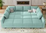 HONBAY Convertible Sleeper Sectional Sofa Bed Modular Sofa with Storage Seat Reversible Sectional Sleeper Sofa Set with Modular Sectional Couch Bed, Aqua Blue