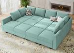 HONBAY Convertible Sleeper Sectional Sofa Bed Modular Sofa with Storage Seat Reversible Sectional Sleeper Sofa Set with Modular Sectional Couch Bed, Aqua Blue