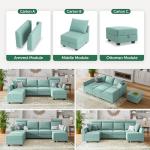HONBAY Convertible Sleeper Sectional Sofa Bed Modular Sofa with Storage Seat Reversible Sectional Sleeper Sofa Set with Modular Sectional Couch Bed, Aqua Blue