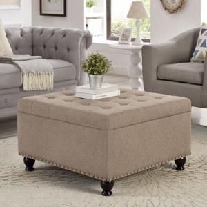 GOAWGO Oversized Square Ottoman Storage Bench for Living Room Bedroom Large Ottoman Coffee Table with Rubber Wood Legs, Linen Fabric Upholstered Foot Stool Foot Rest for Couch Sofa, Light Brown
