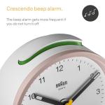 Braun Classic Analogue Alarm Clock with Snooze and Light, Quiet Quartz Movement, Crescendo Beep Alarm in White and Rose, Model BC12PW.