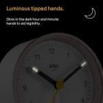 Braun Classic Analogue Alarm Clock with Snooze and Light, Quiet Quartz Movement, Crescendo Beep Alarm in White and Rose, Model BC12PW.