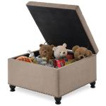 GOAWGO Oversized Square Ottoman Storage Bench for Living Room Bedroom Large Ottoman Coffee Table with Rubber Wood Legs, Linen Fabric Upholstered Foot Stool Foot Rest for Couch Sofa, Light Brown