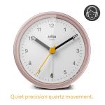 Braun Classic Analogue Alarm Clock with Snooze and Light, Quiet Quartz Movement, Crescendo Beep Alarm in White and Rose, Model BC12PW.