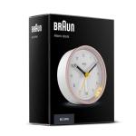 Braun Classic Analogue Alarm Clock with Snooze and Light, Quiet Quartz Movement, Crescendo Beep Alarm in White and Rose, Model BC12PW.
