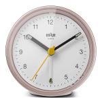 Braun Classic Analogue Alarm Clock with Snooze and Light, Quiet Quartz Movement, Crescendo Beep Alarm in White and Rose, Model BC12PW.