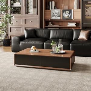 Luxury Solid Wood Coffee Table with Hidden Storage Drawers, Fully Assembled Mid Century Rectangle Center Tables for Living Room, Premium Walnut Black Finish, No Installation Needed