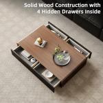Luxury Solid Wood Coffee Table with Hidden Storage Drawers, Fully Assembled Mid Century Rectangle Center Tables for Living Room, Premium Walnut Black Finish, No Installation Needed