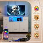 WLIVE White TV Stand for 45, 50, 55 inch TV, Entertainment Center with LED Lights & Charging Station, TV Media Console Table with 8 Fabric Drawers and Open Shelves for Living Room, Hallway, Wood Top